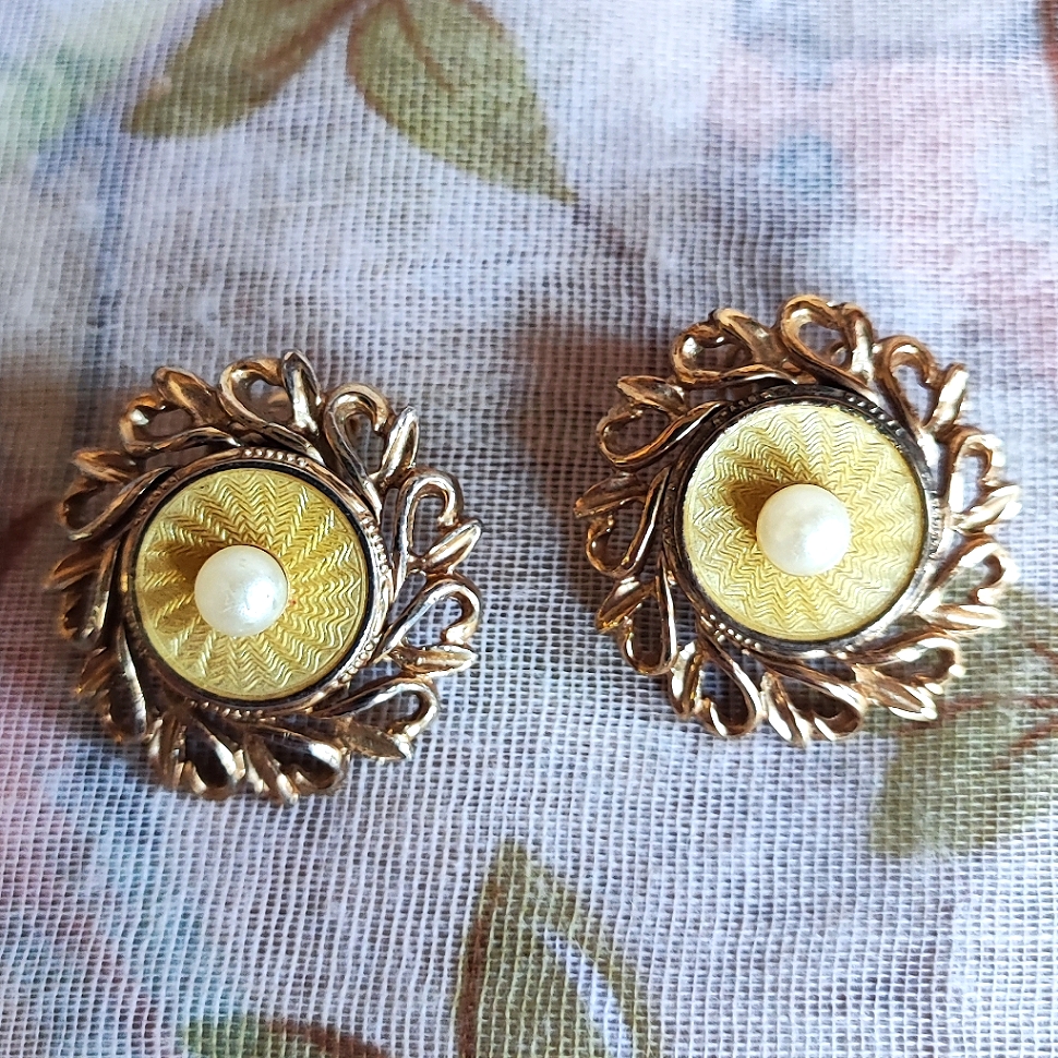 Cathe Guilloche Yellow Enamel Faux Pearl Vintage Round Gold Tone Clip Earrings